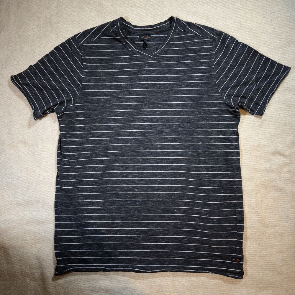 Good Man Brand Dark Blue Striped V-neck Short Sleeve Tee, Men's Size L